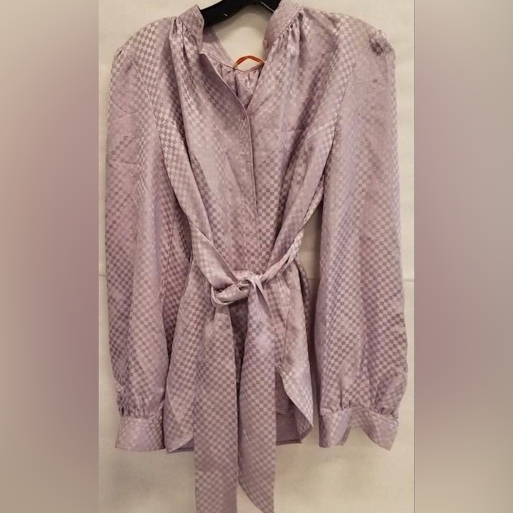 Tory Burch Lavender Check Tie-Waist Silk Blouse